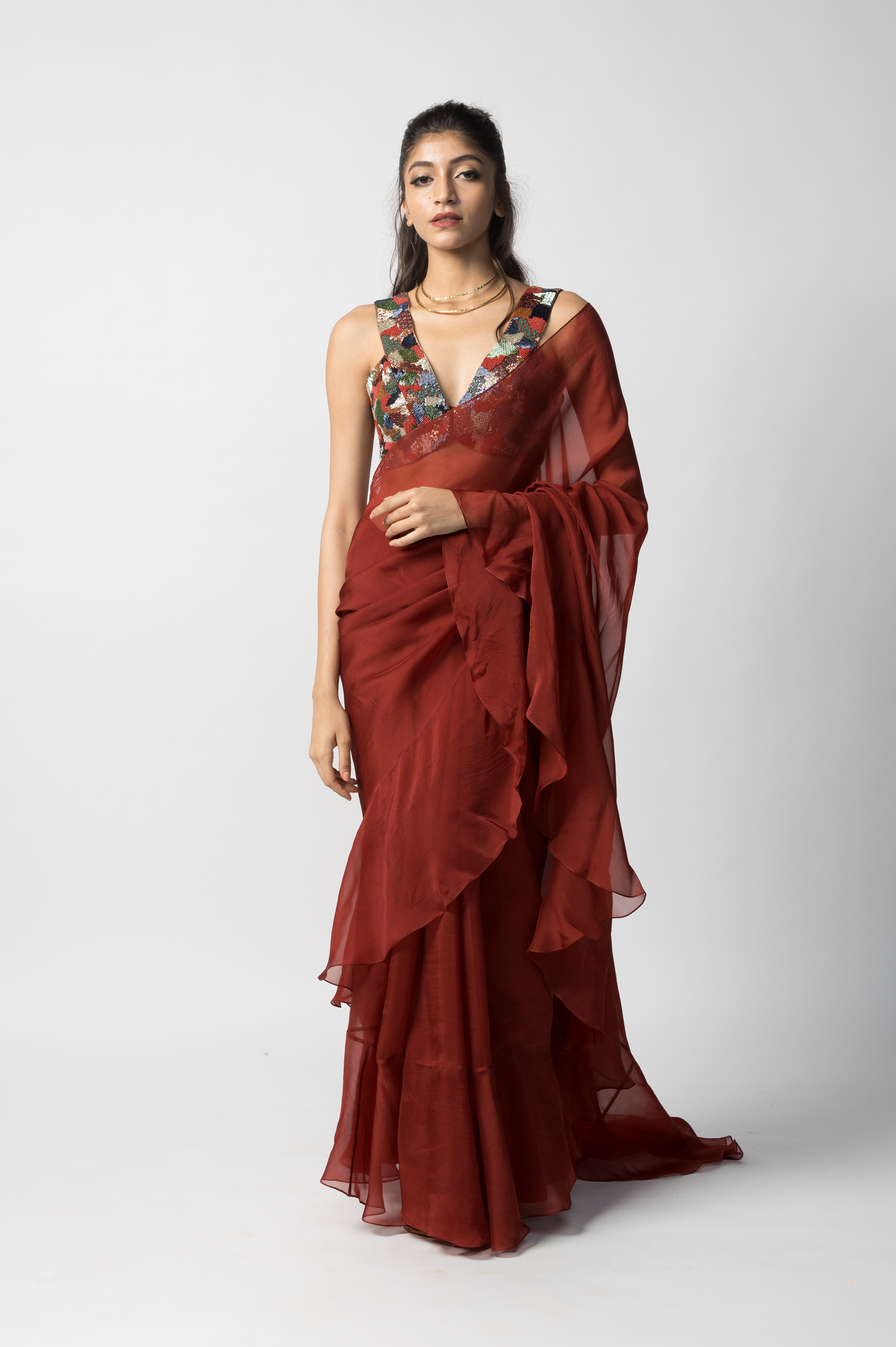 MAROON DRAPE RUFFLE SAREE – Rajkumari - By Richa Haware