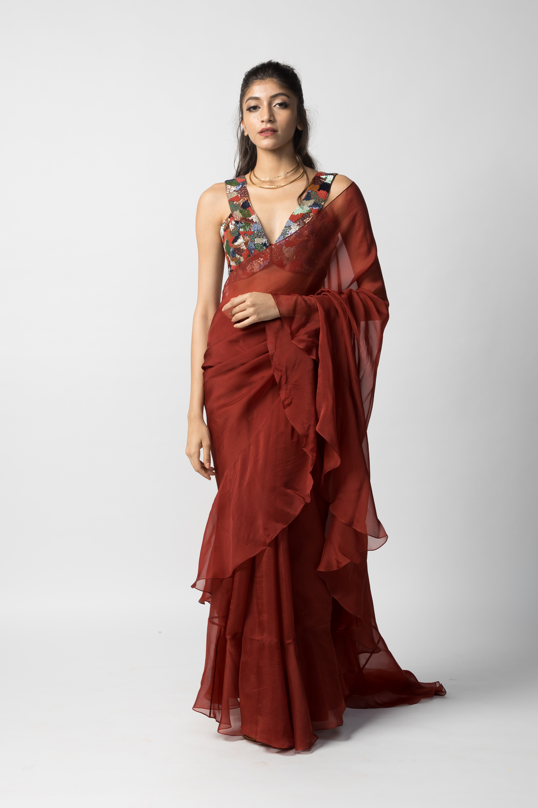 Ruby Ruffled Saree With Blouse